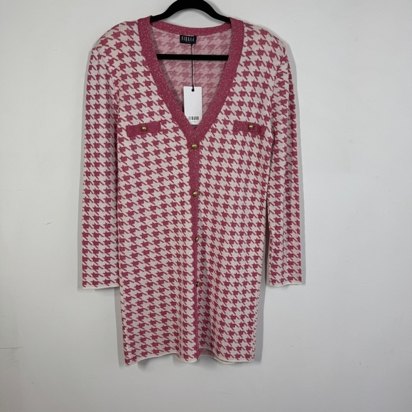 FIGARO Pink White Houndstooth Cardigan Dress Size 3 Long Sleeve Made in Greece - Picture 2 of 14